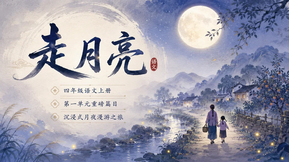 【拿来即上】统编版四年级上册《走月亮》PPT课件模板 自带名师引导指令+第一二课时全包