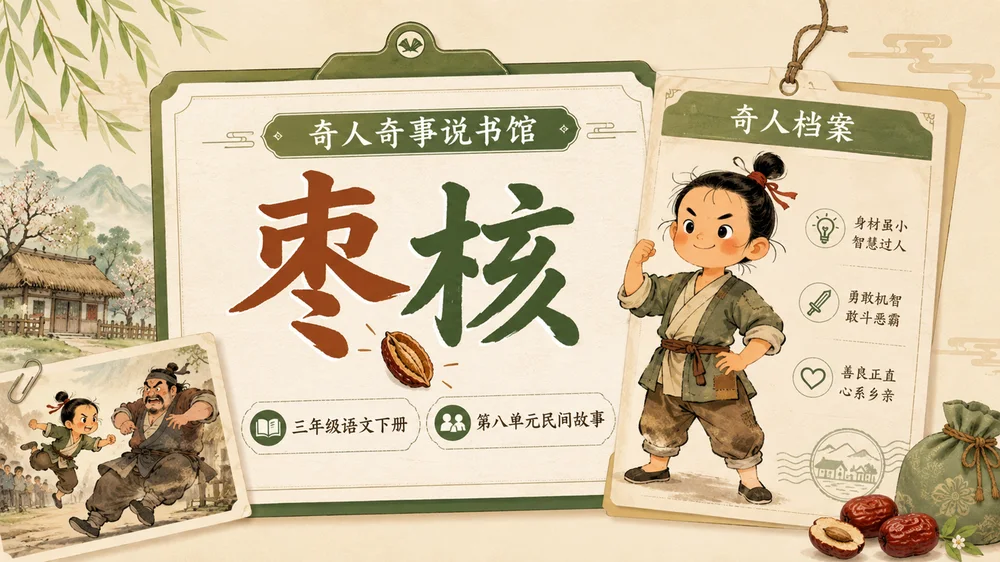 统编版三年级下册《枣核》精美PPT模板 略读课文复述支架+多音字排雷