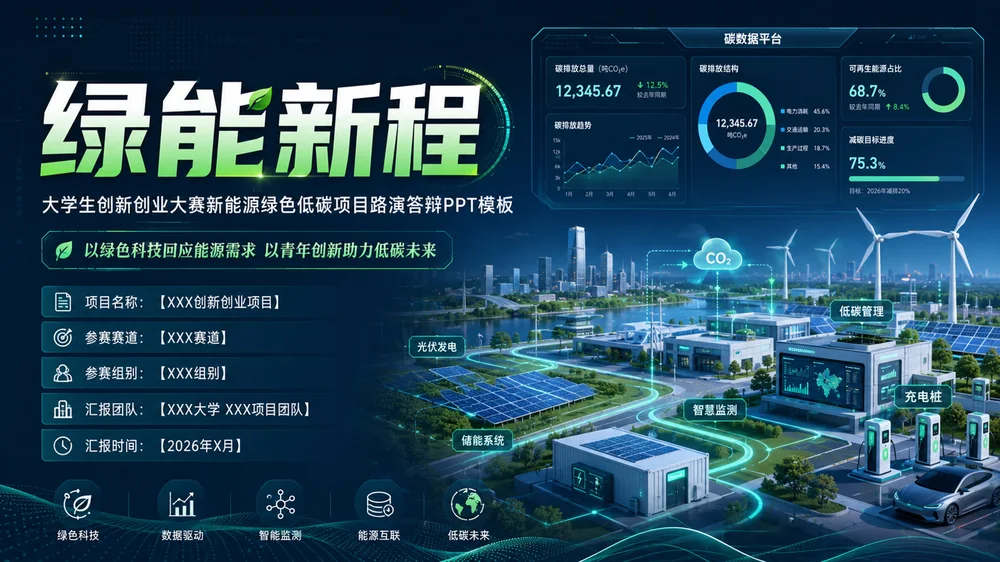 《绿能新程｜大学生创新创业大赛新能源绿色低碳项目路演答辩PPT模板》