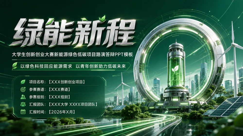 《绿能新程｜大学生创新创业大赛新能源绿色低碳项目路演答辩PPT模板》
