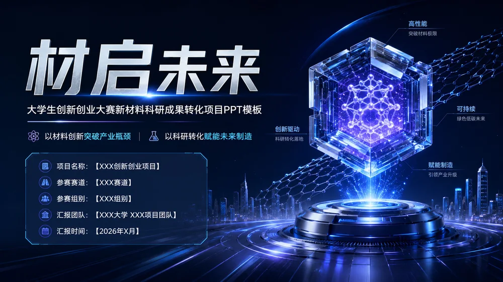 《材启未来｜大学生创新创业大赛新材料科研成果转化项目PPT模板》