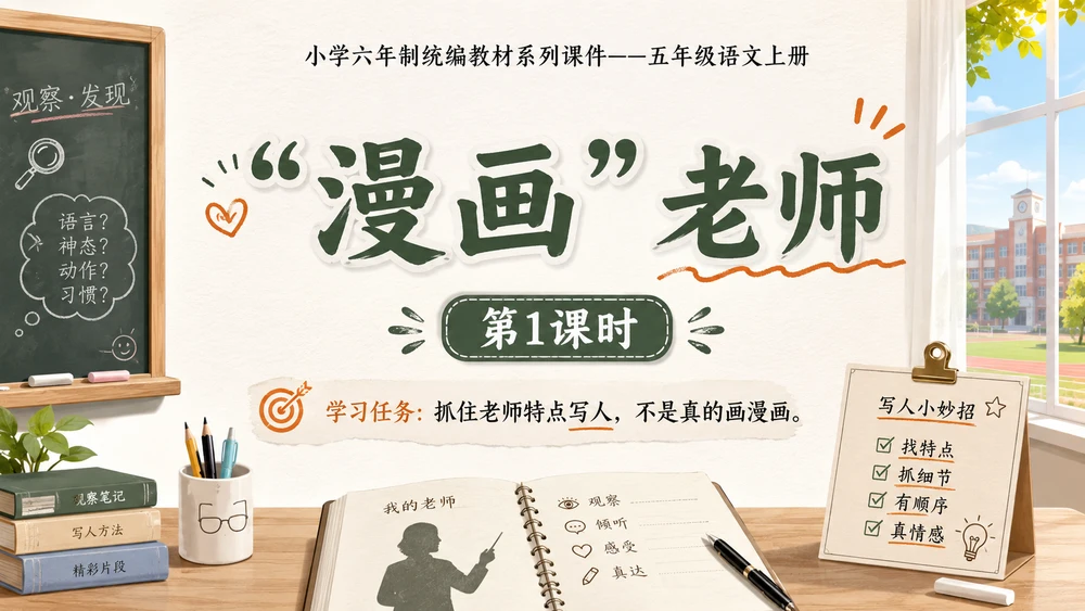 小学六年制统编教材系列课件——五年级语文上册：习作：“漫画”老师（1）