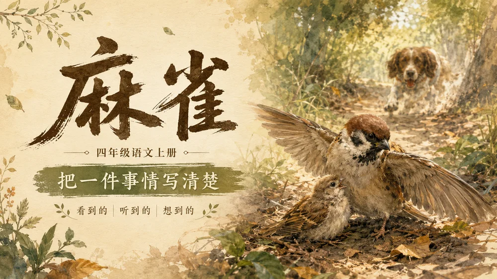 部编版小学语文四年级上册《麻雀》PPT课件｜动物故事母爱主题公开课模板