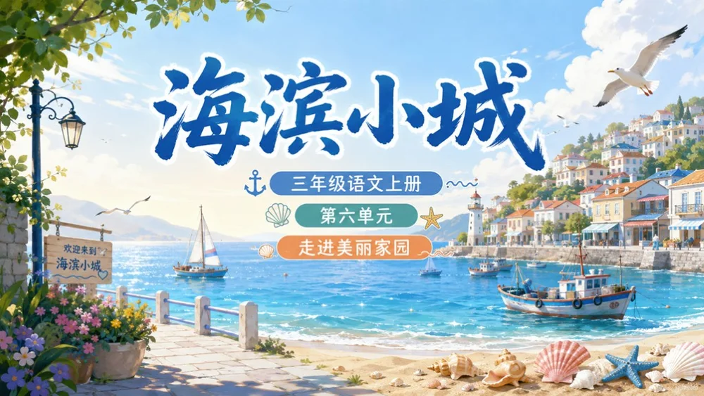 部编版小学语文三年级上册《海滨小城》PPT课件｜海边城市清新写景公开课模板