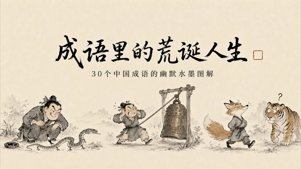 成语里的荒诞人生（30个中国成语故事图解）水墨画PPT
