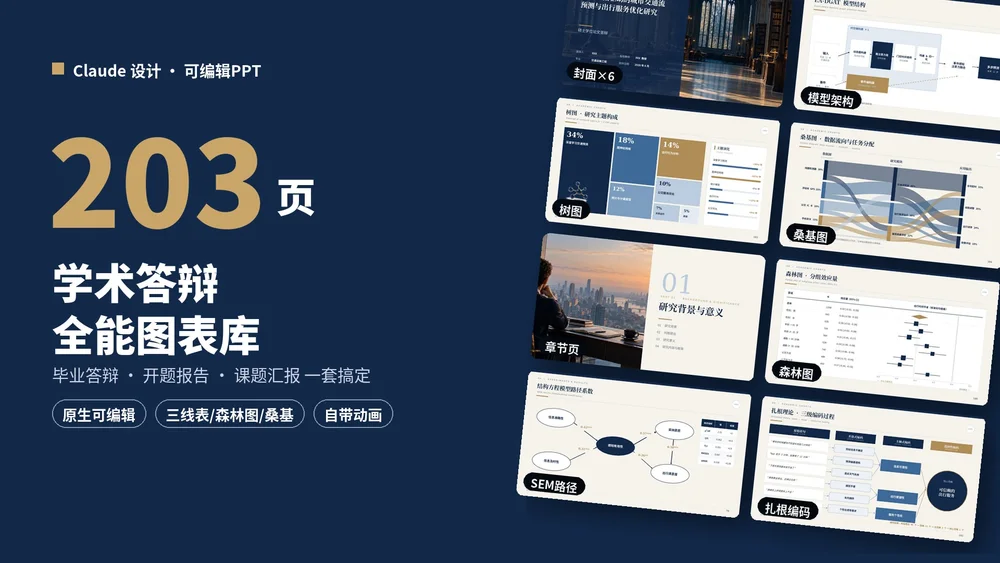 学术答辩全能图表库 · 深海蓝203页（三线表/森林图/桑基图）