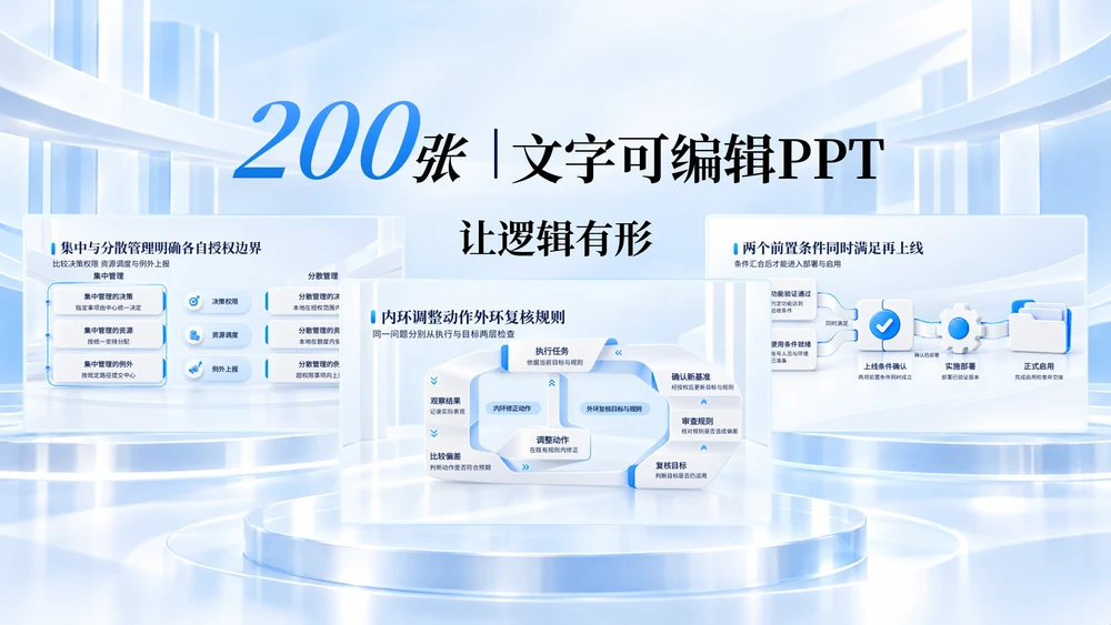 200张白蓝微立体商业逻辑PPT图表｜文字可编辑