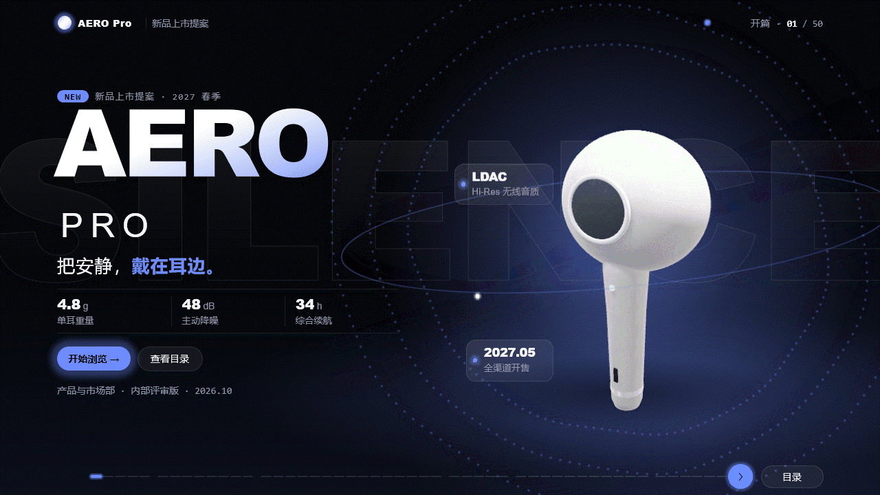 AERO Pro 智能降噪耳机新品上市提案｜3D交互演示PPT