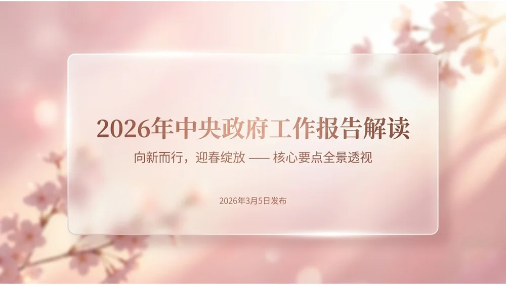 C4D玻璃质感粉色桃花春天政府工作报告PPT