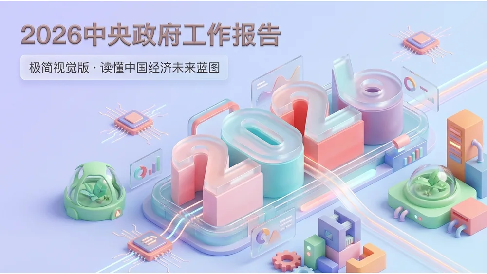 马卡龙色3D等距插画政府工作报告PPT