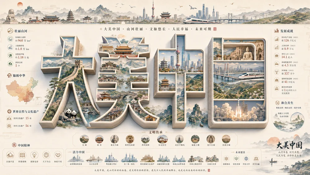 立体字大美中国地标视觉档案PPT