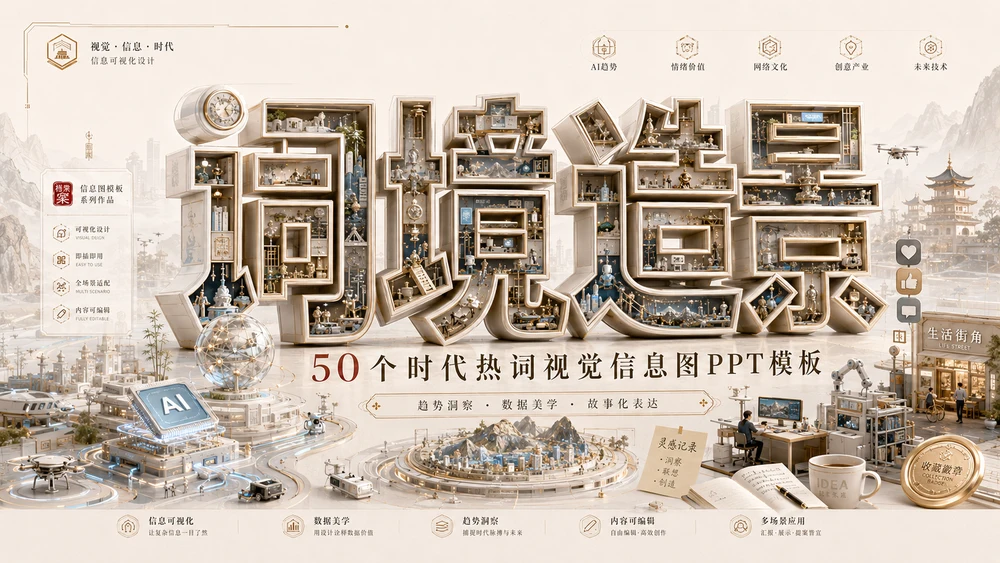 词境造景档案型｜50个时代热词视觉信息图PPT模板