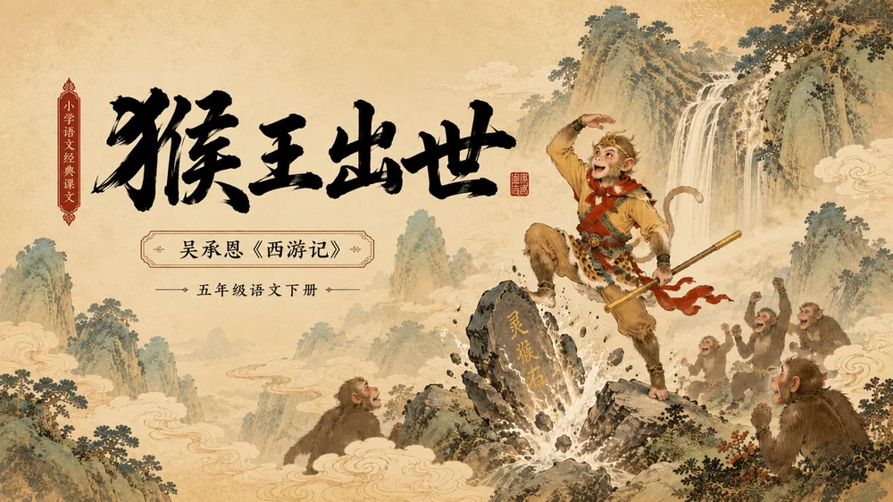 部编版小学语文《猴王出世》PPT课件｜西游国潮插画公开课模板
