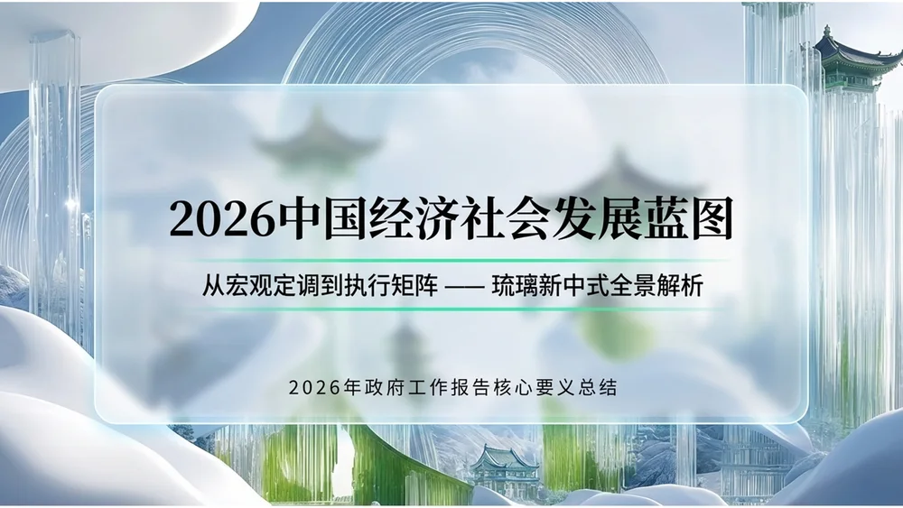 蓝绿玻璃通透新中式政府工作报告PPT
