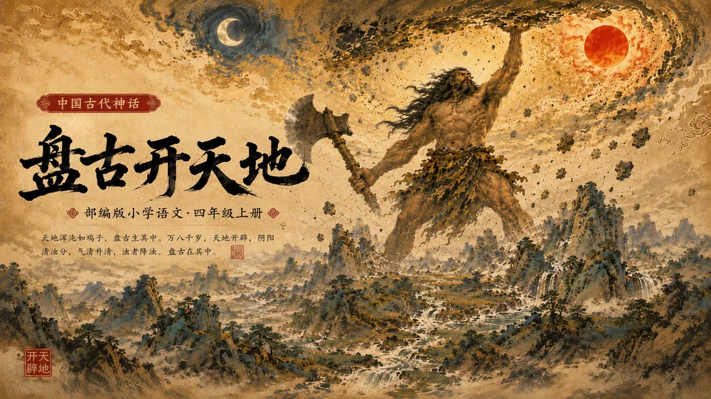 部编版小学语文《盘古开天地》PPT课件｜国风插画-中国神话史诗公开课模板