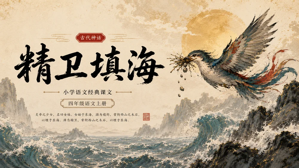 部编版小学语文《精卫填海》PPT课件｜国风插画-中国神话国风公开课模板