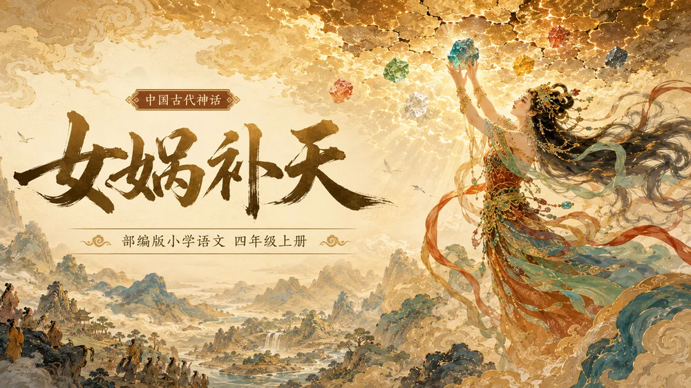部编版小学语文《女娲补天》PPT课件｜国风插画-东方神话史诗公开课模板