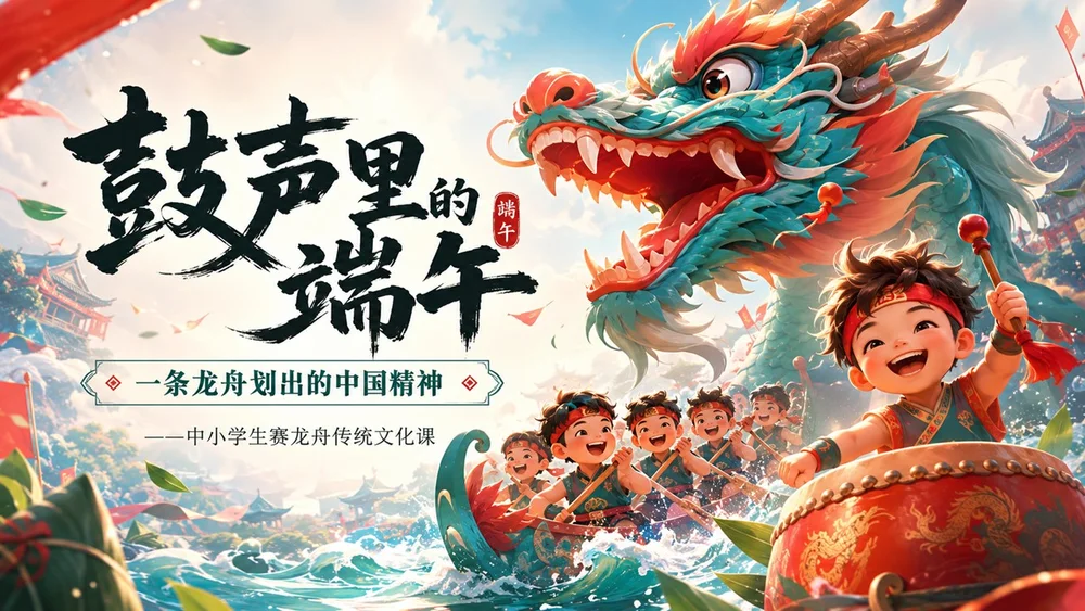 鼓声里的端午节：中小学生赛龙舟传统文化课PPT