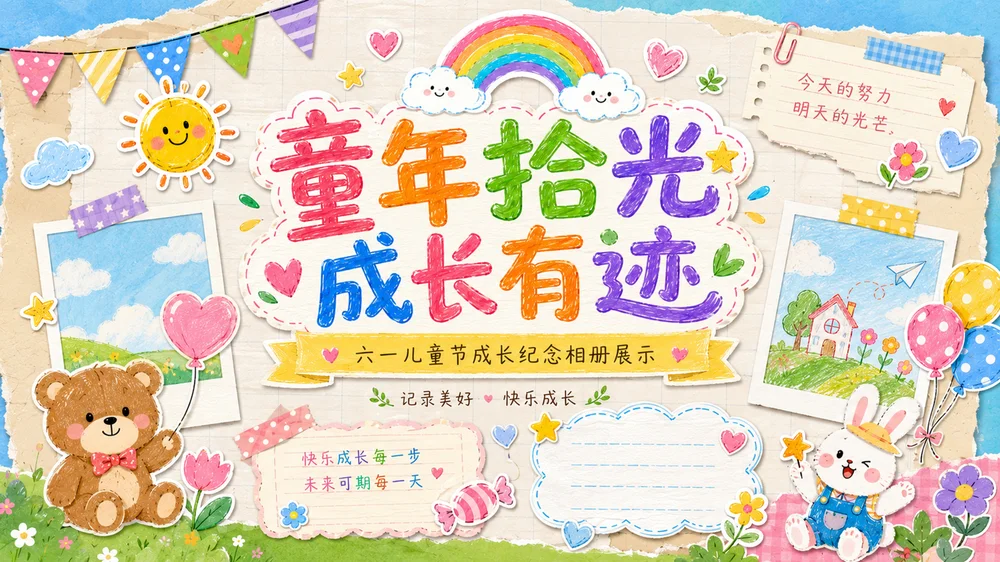 六一儿童节成长纪念PPT模板｜幼儿园儿童成长相册展示