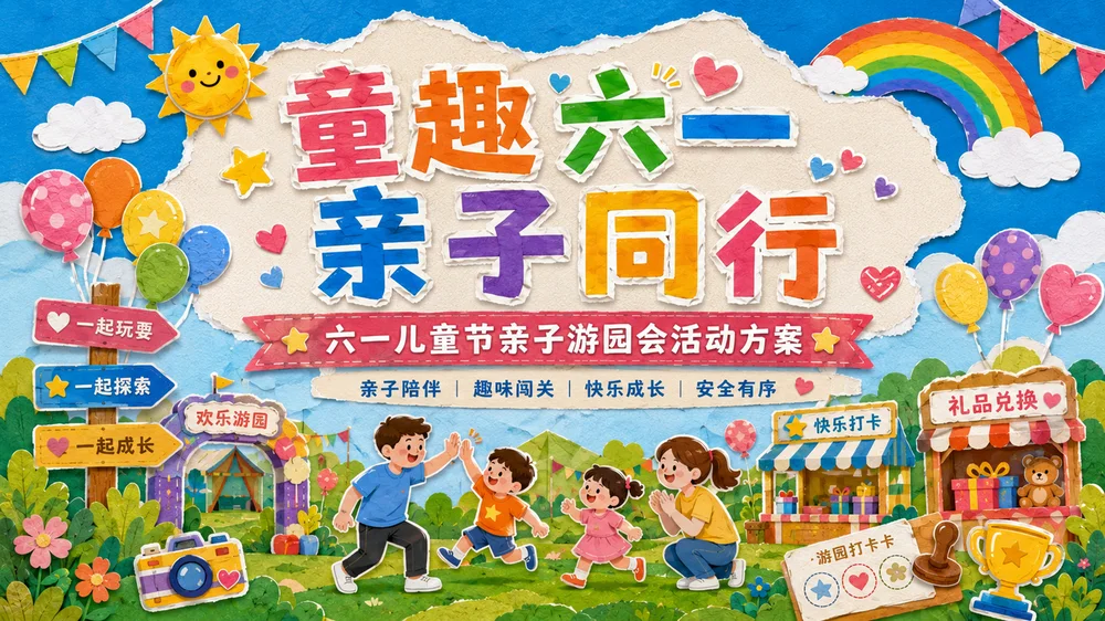 六一儿童节游园会活动PPT模板｜亲子互动游戏策划方案