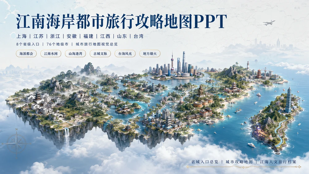 江南海岸都市档案型_8个省级入口94个地级市旅行攻略地图PPT