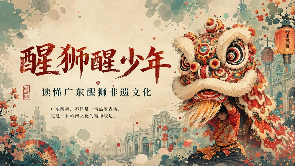 醒狮醒少年：读懂广东醒狮非遗文化PPT/舞狮/南狮/狮舞