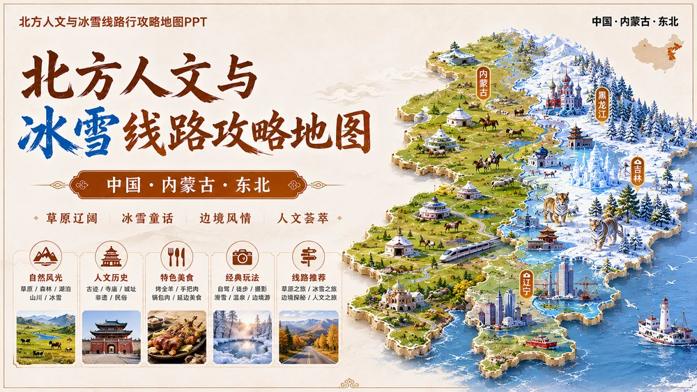 北境人文冰雪档案型_8个省级入口77个地级市旅行攻略地图PPT