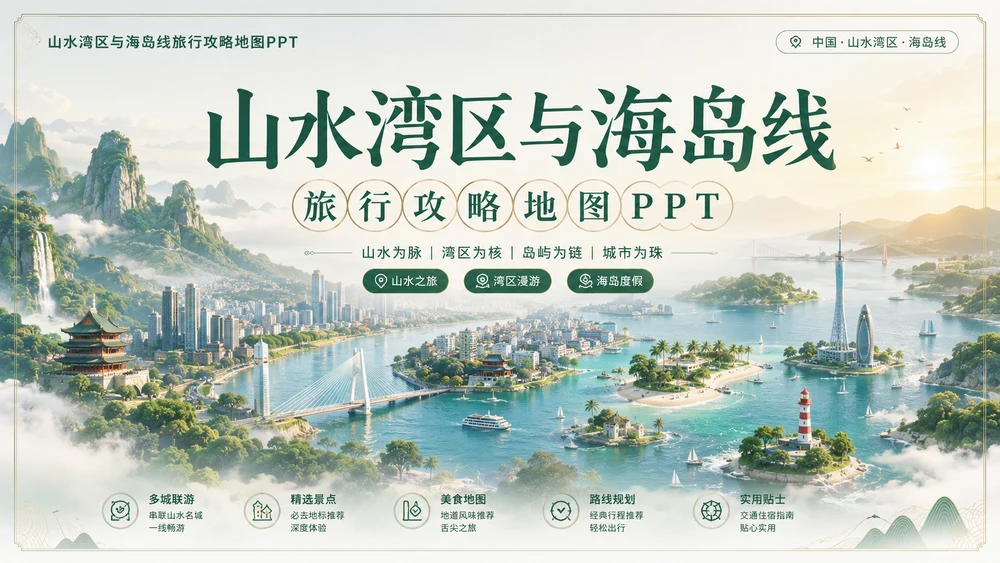 山水湾区海岛档案型_8个省级入口81个地级市旅行攻略地图PPT