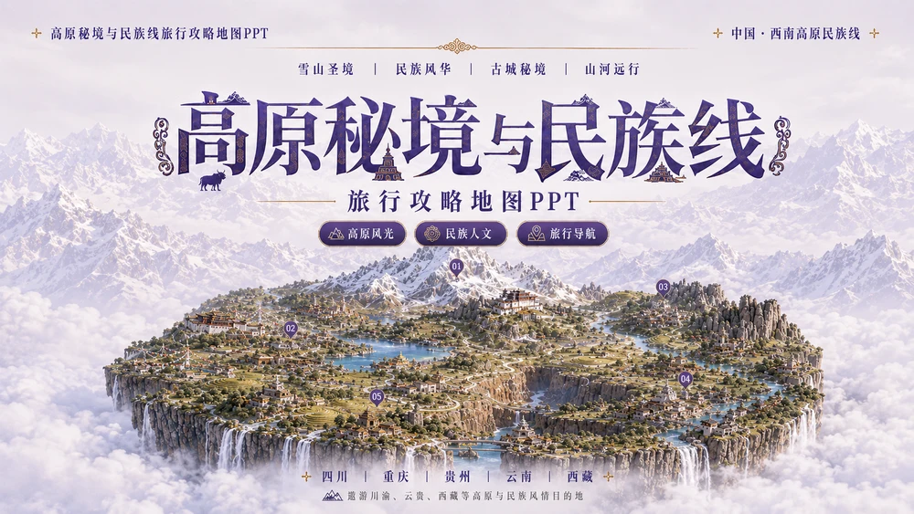 高原秘境民族档案型_5个省级入口58个地级市旅行攻略地图PPT