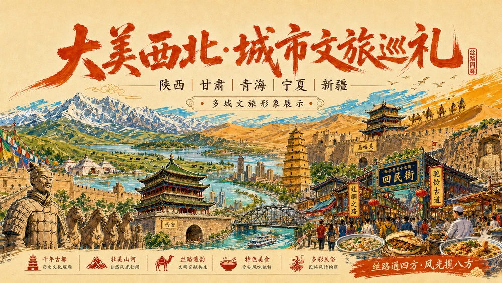 大美西北城市文旅巡礼PPT｜陕西甘肃青海宁夏新疆56页旅行宣传海报式PPT