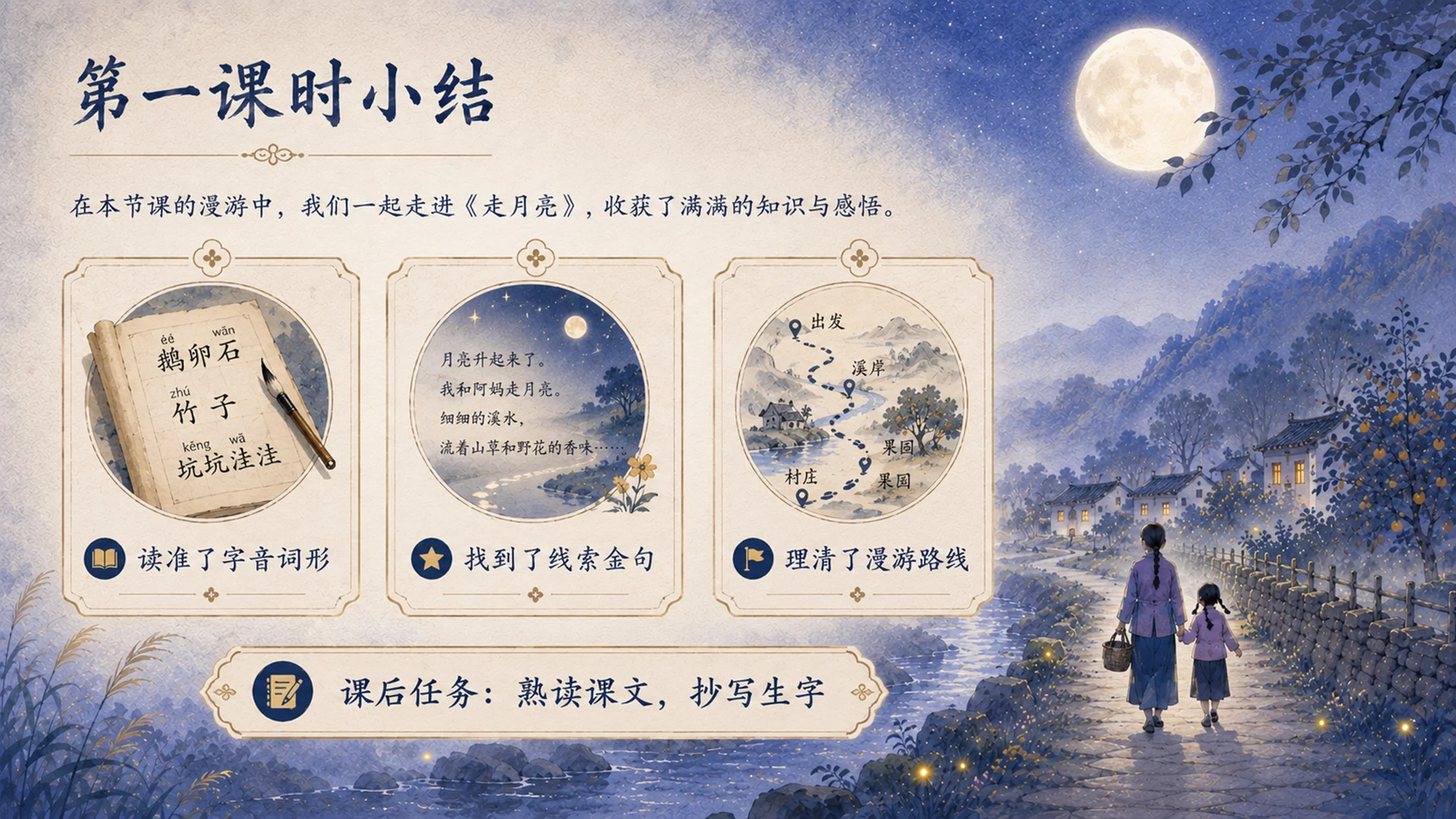 【拿来即上】统编版四年级上册《走月亮》PPT课件模板 自带名师引导指令+第一二课时全包 - 预览图14