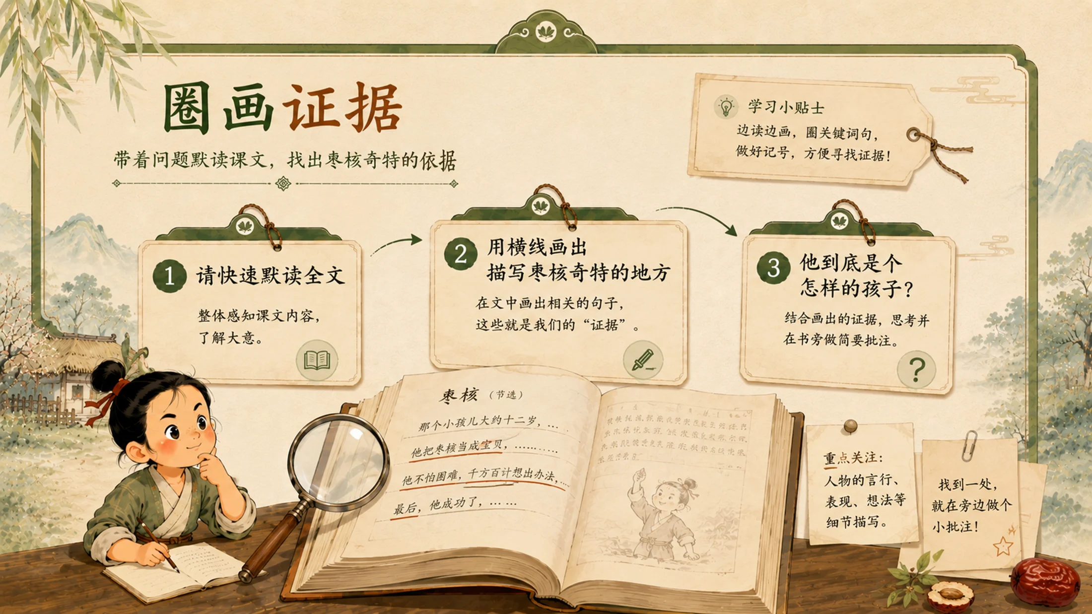 统编版三年级下册《枣核》精美PPT模板 略读课文复述支架+多音字排雷 - 预览图12