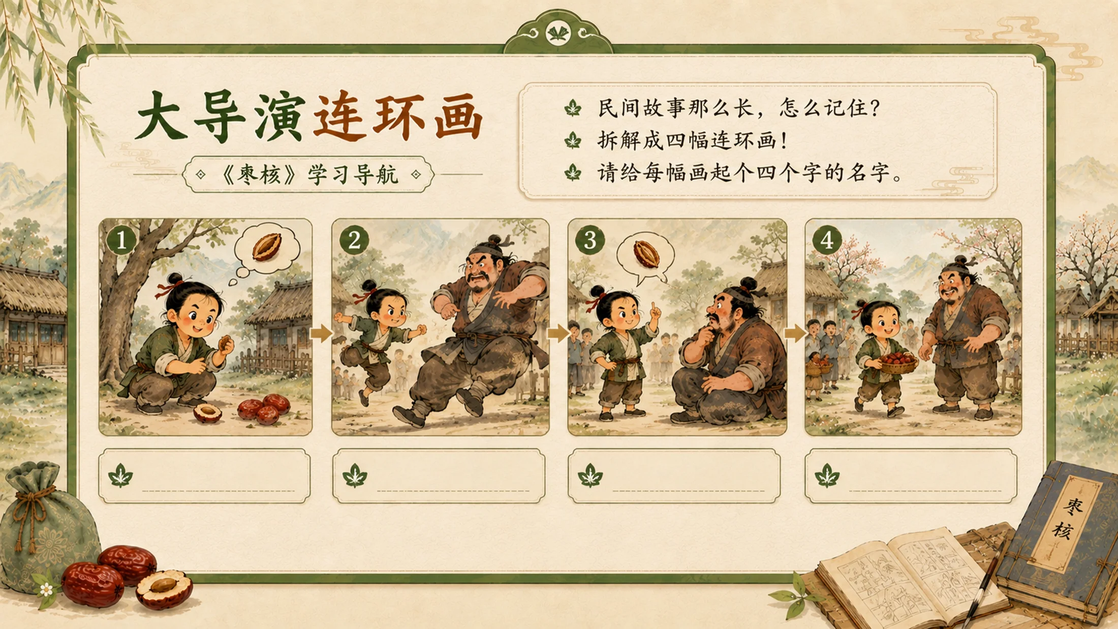 统编版三年级下册《枣核》精美PPT模板 略读课文复述支架+多音字排雷 - 预览图17
