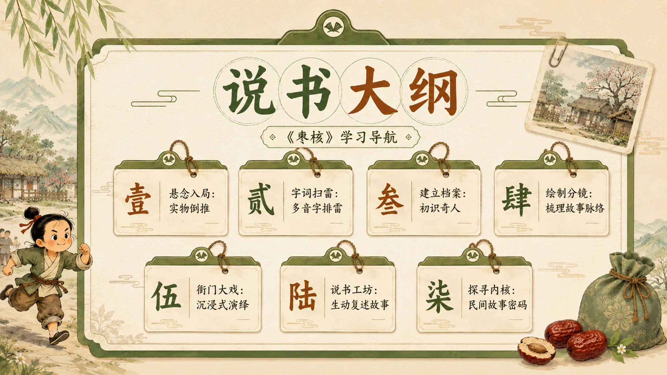 统编版三年级下册《枣核》精美PPT模板 略读课文复述支架+多音字排雷 - 预览图2