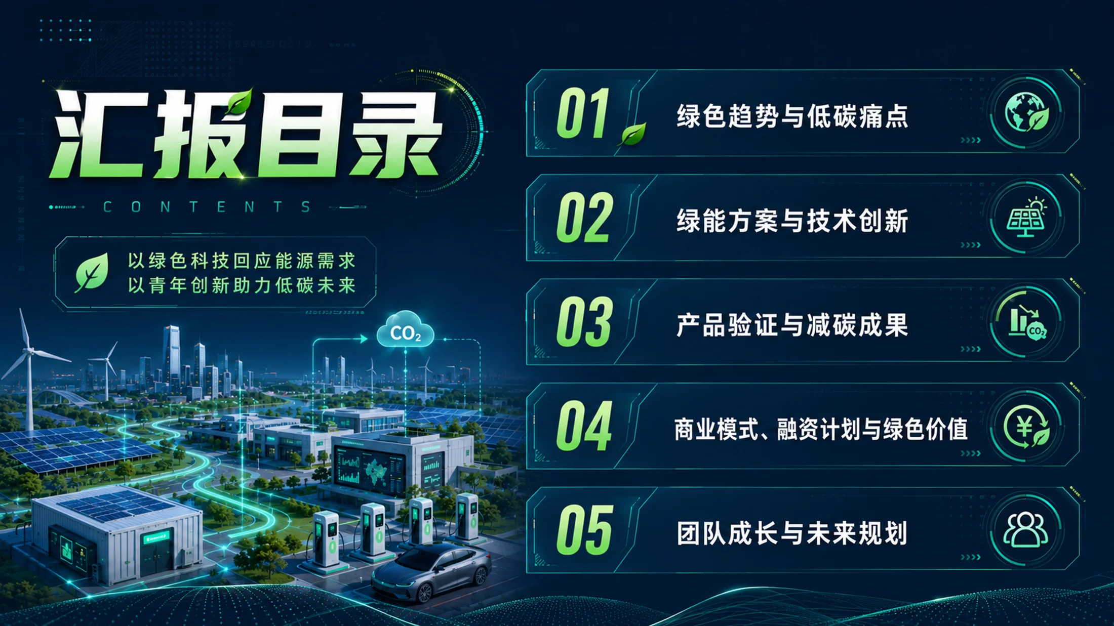 《绿能新程｜大学生创新创业大赛新能源绿色低碳项目路演答辩PPT模板》 - 预览图4