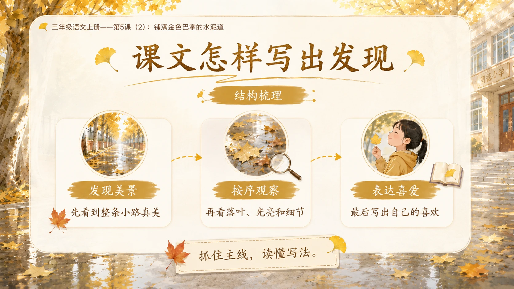 小学六年制统编教材系列课件——三年级语文上册第5课（2）：铺满金色巴掌的水泥道 - 预览图11