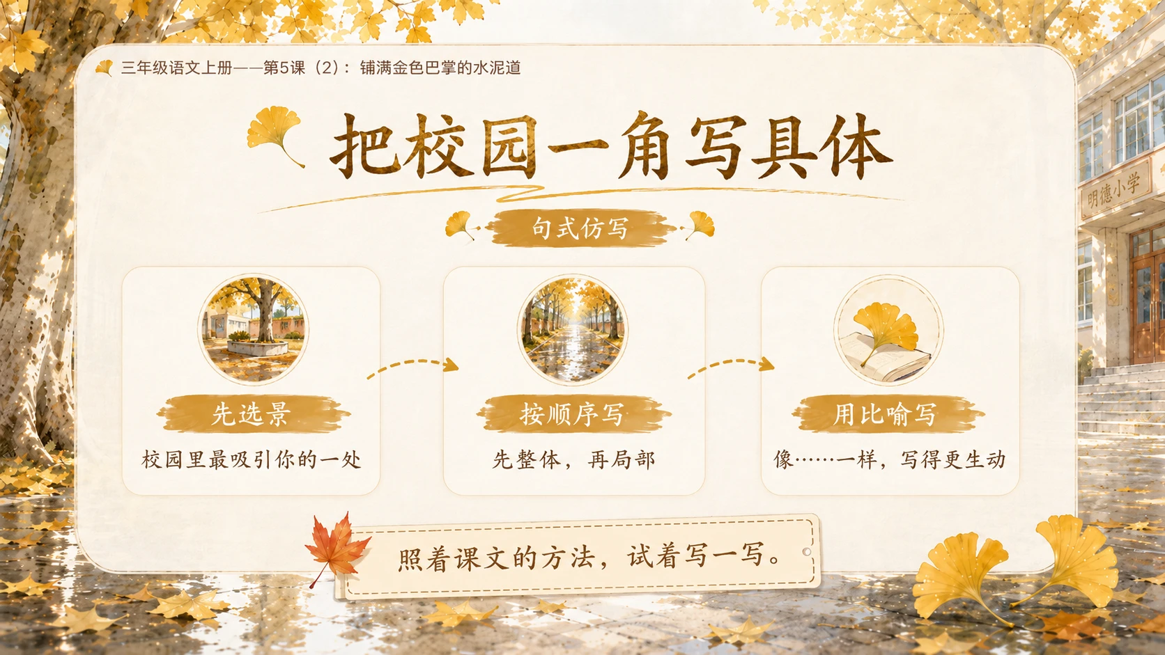 小学六年制统编教材系列课件——三年级语文上册第5课（2）：铺满金色巴掌的水泥道 - 预览图13