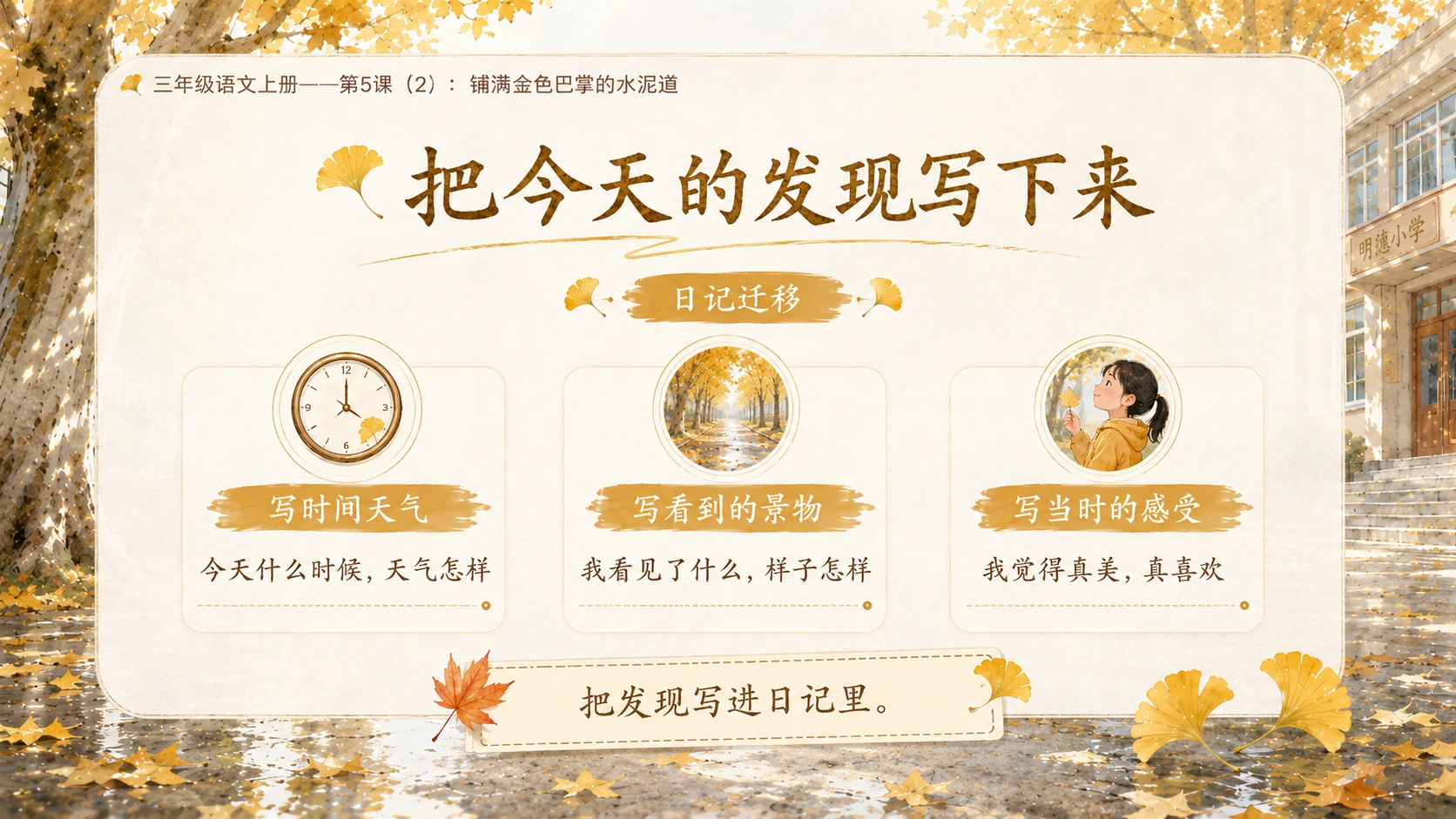 小学六年制统编教材系列课件——三年级语文上册第5课（2）：铺满金色巴掌的水泥道 - 预览图15