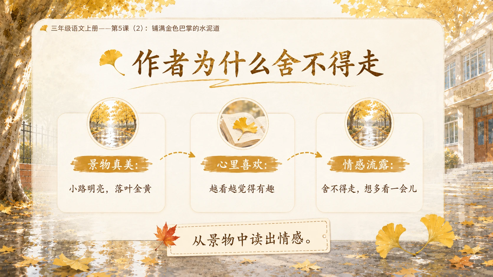 小学六年制统编教材系列课件——三年级语文上册第5课（2）：铺满金色巴掌的水泥道 - 预览图9