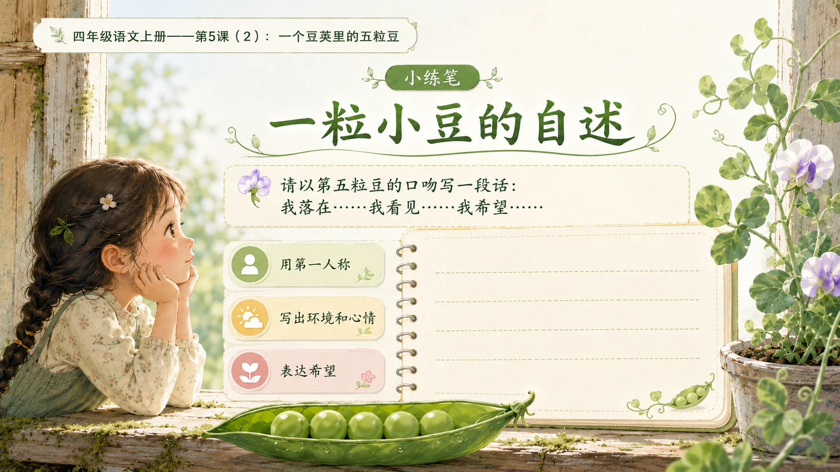 小学六年制统编教材系列课件——四年级语文上册第5课（2）：一个豆荚里的五粒豆 - 预览图13