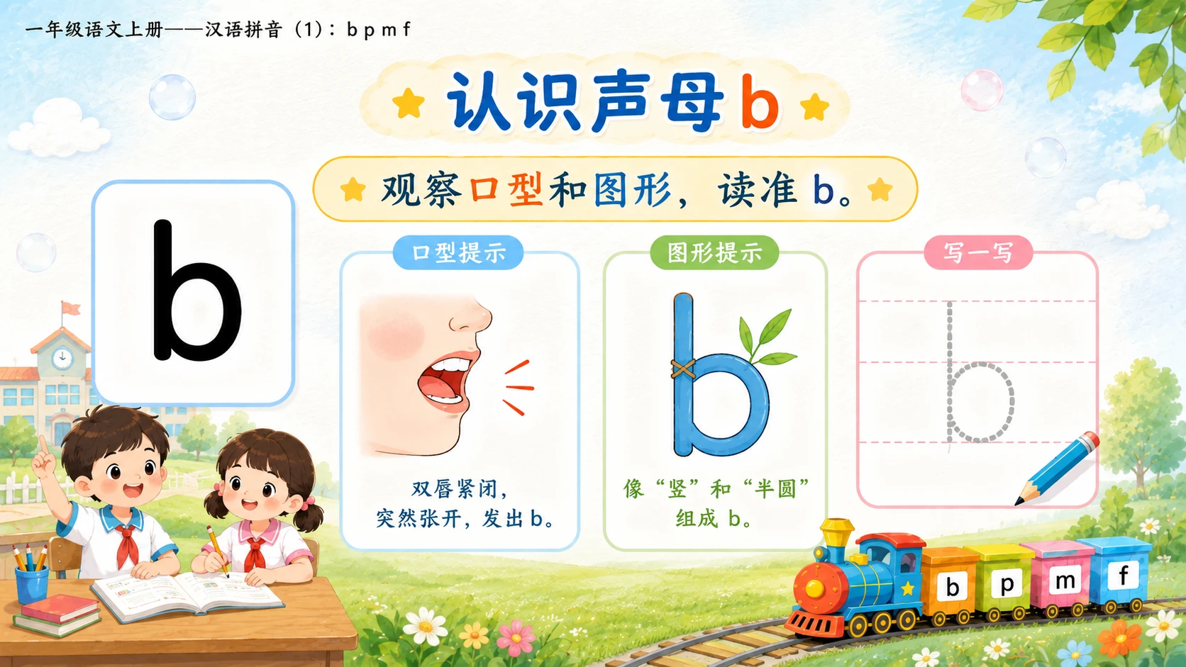 小学六年制统编教材系列课件——一年级语文上册：3 b p m f（1）（完整资料包） - 预览图4