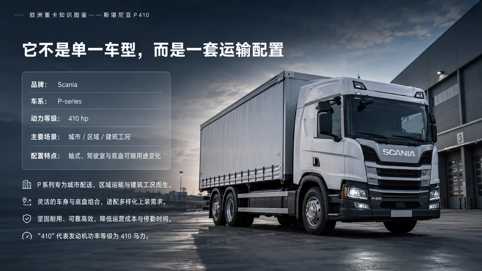 万物知识图鉴系列作品PPT——斯堪尼亚P 410 - 预览图1