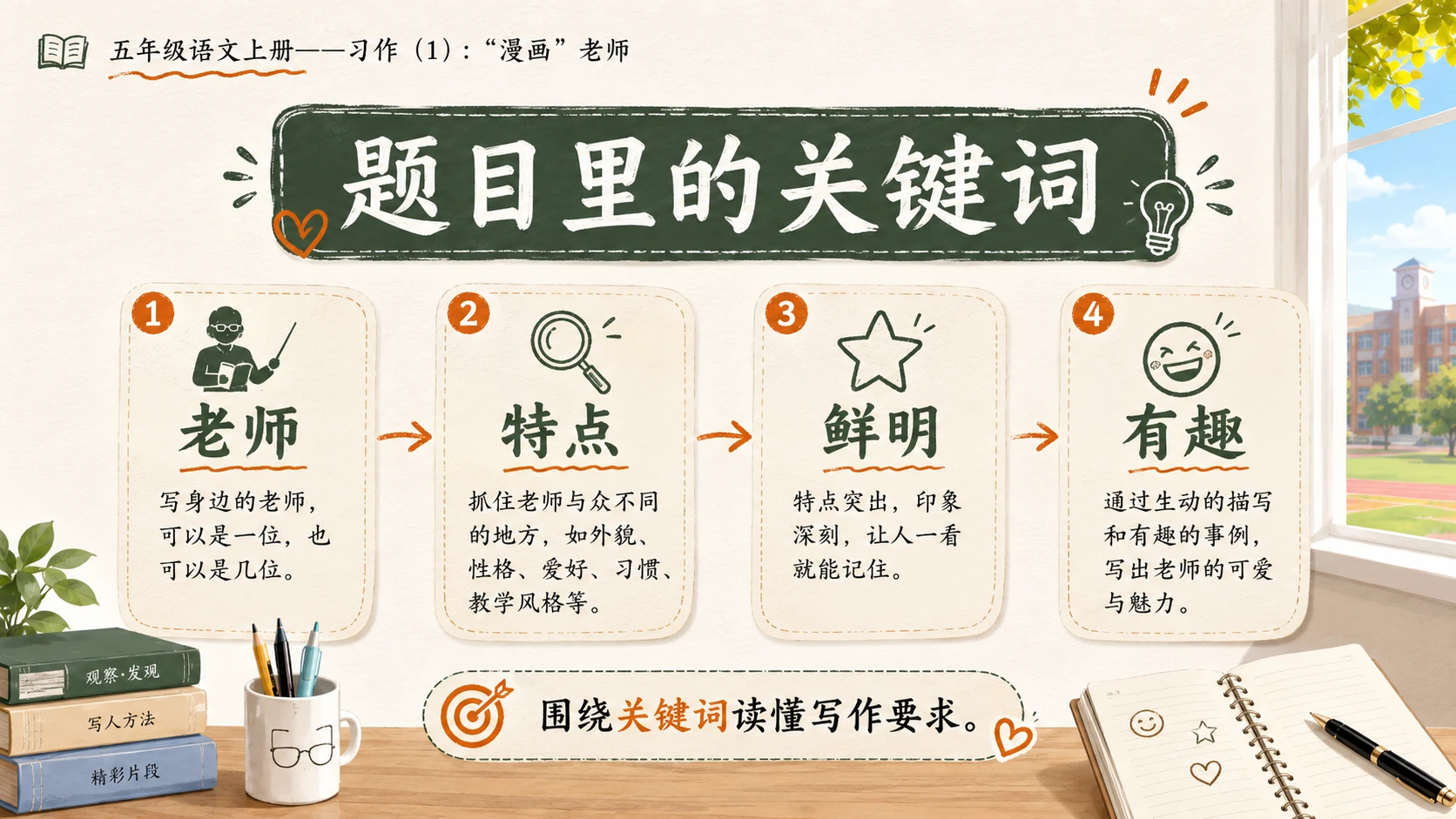 小学六年制统编教材系列课件——五年级语文上册：习作：“漫画”老师（1） - 预览图4