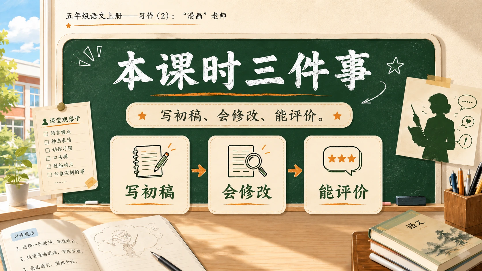 小学六年制统编教材系列课件——五年级语文上册：习作：“漫画”老师（2） - 预览图3