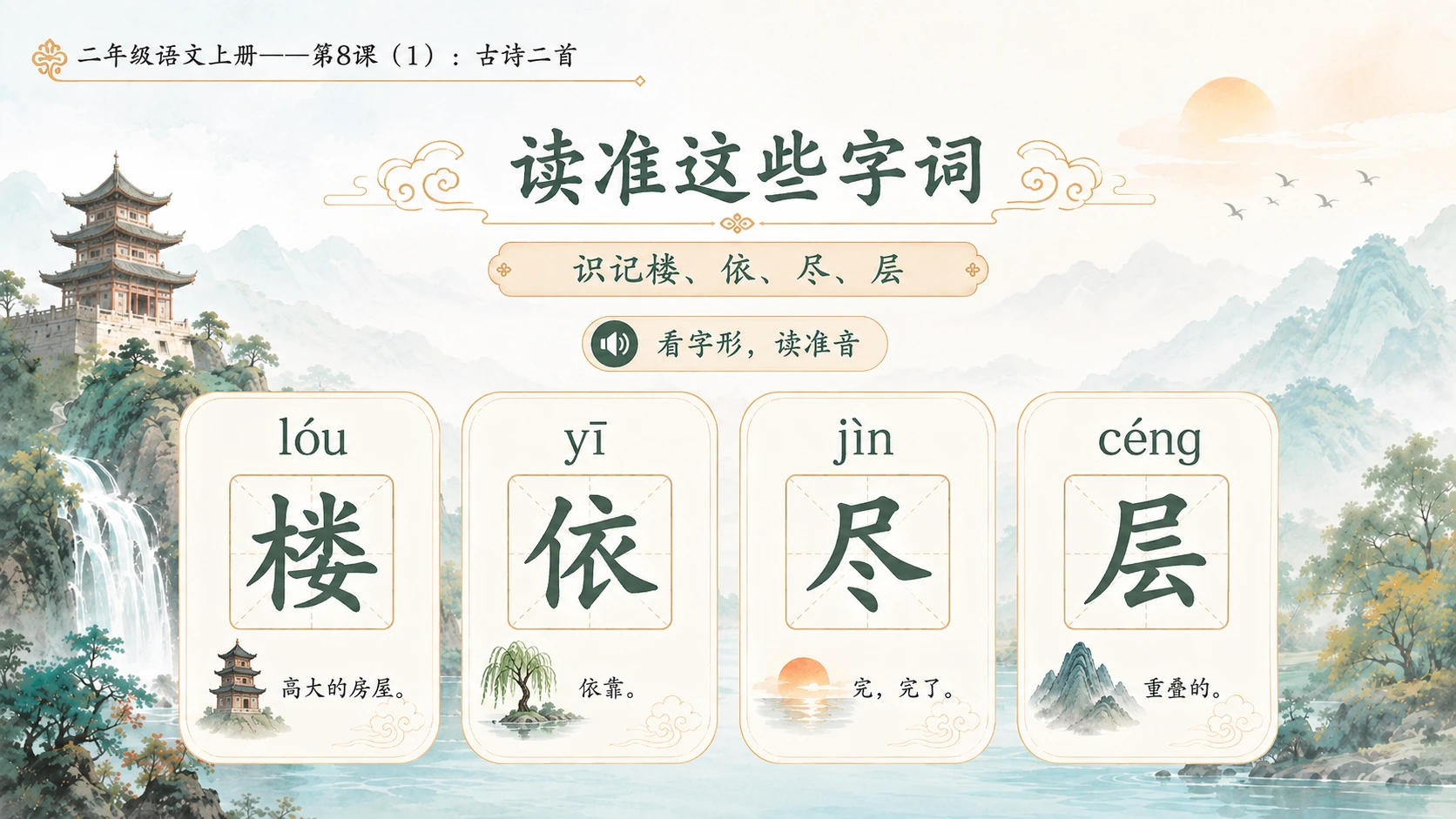 小学六年制统编教材系列课件——二年级语文上册第8课（1）：古诗二首：登鹳雀楼、望庐山瀑布 - 预览图6