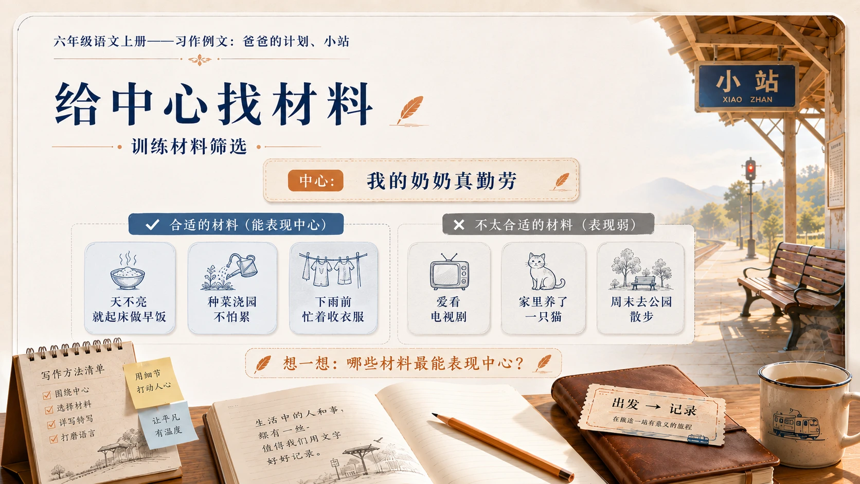 小学六年制统编教材系列课件——六年级语文上册：习作例文：爸爸的计划、小站 - 预览图13