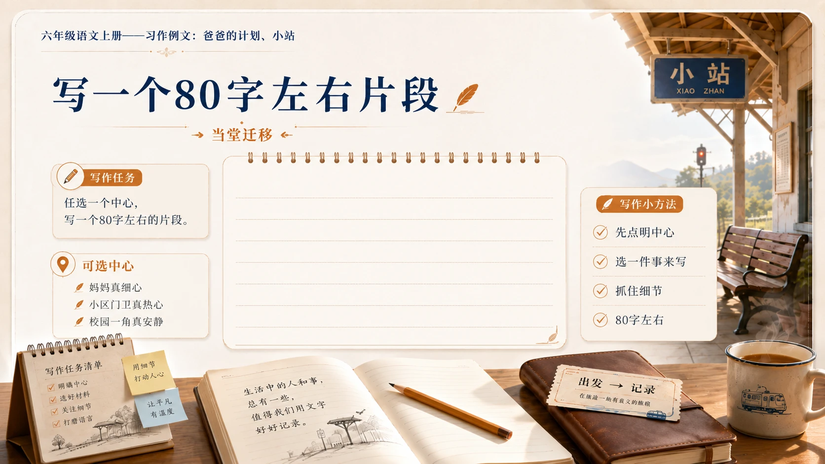 小学六年制统编教材系列课件——六年级语文上册：习作例文：爸爸的计划、小站 - 预览图15