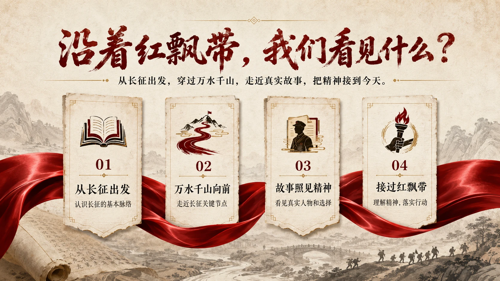 红飘带上的二万五千里长征｜传承长征精神主题班会PPT - 预览图1