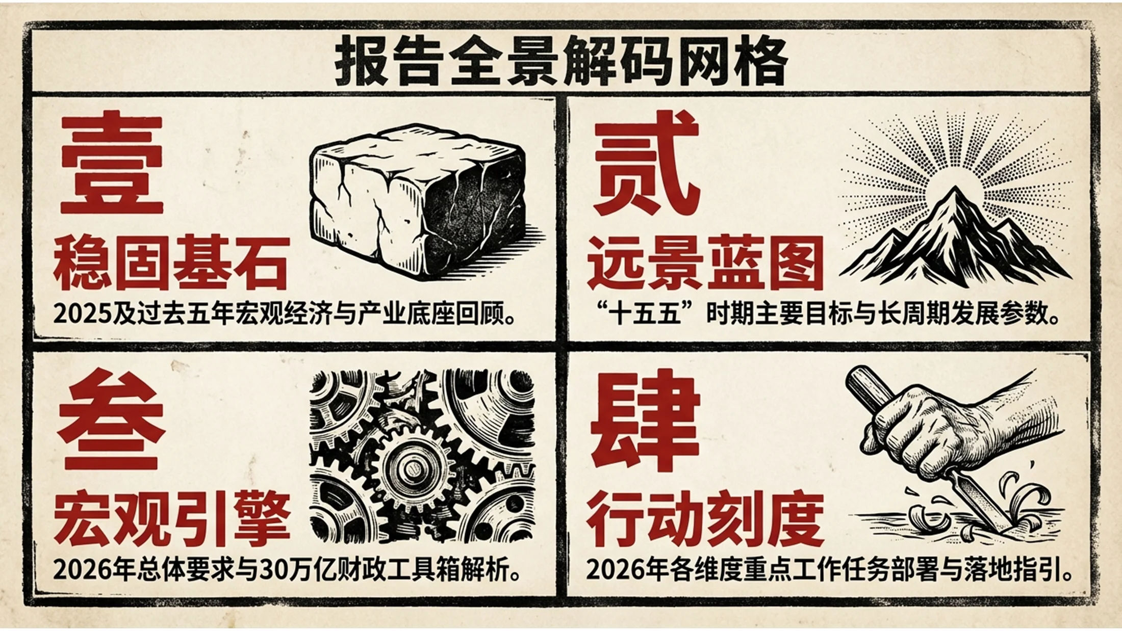红黑木刻画手绘风格政府工作报告PPT - 预览图1