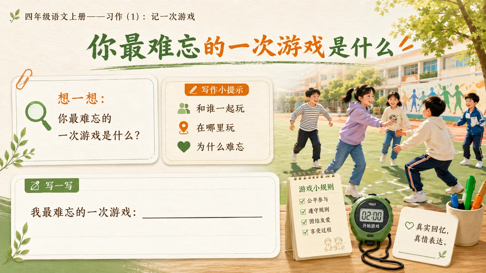 小学六年制统编教材系列课件——四年级语文上册：习作：记一次游戏（1） - 预览图2